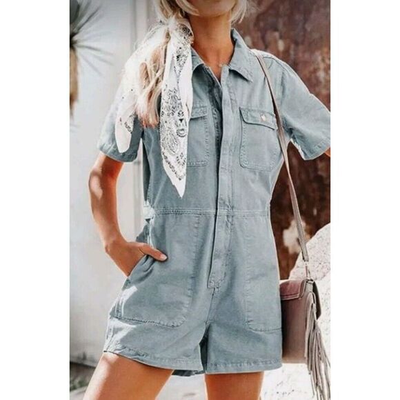 COWOKA Womens Casual Distressed Zip Short Sleeve Denim‎ Romper - Picture 6 of 8